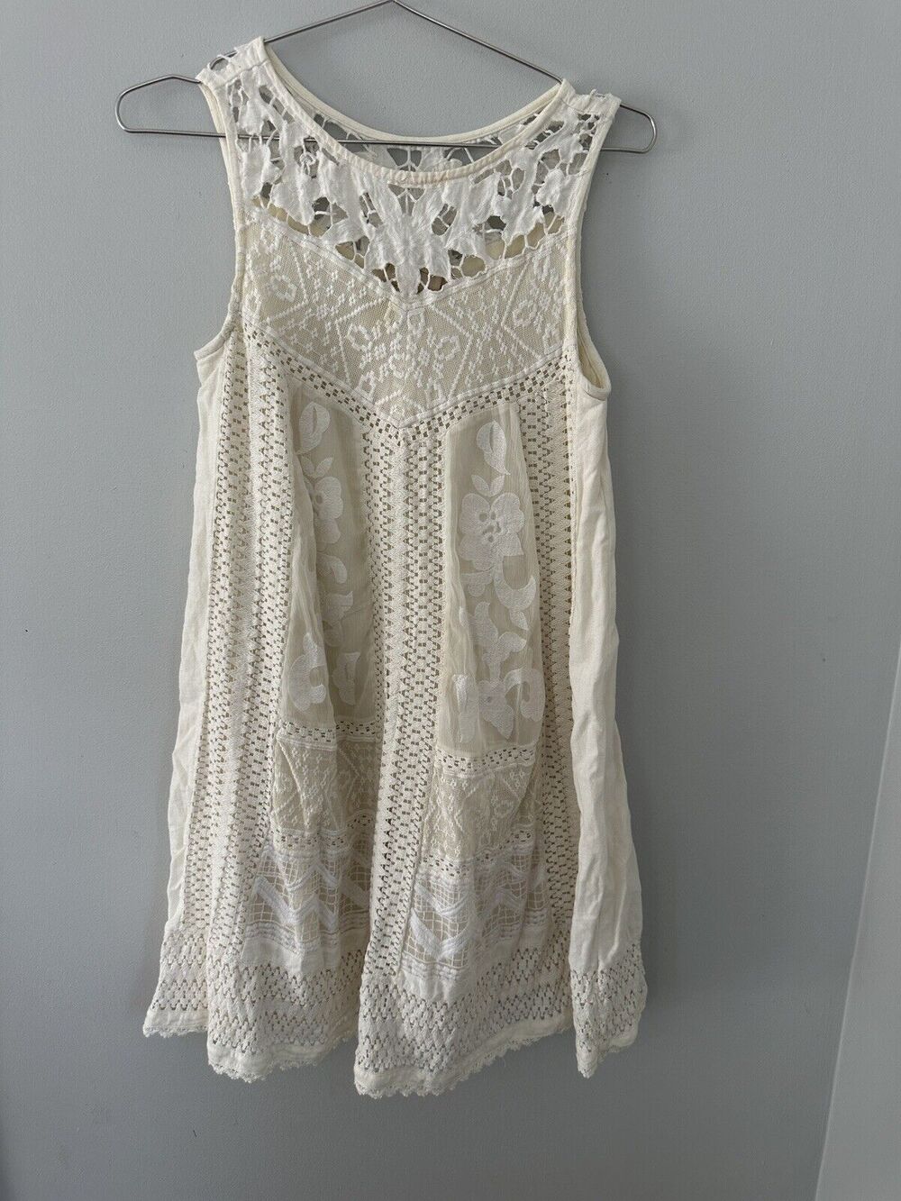 Anthropologie Vanessa Virginia Womens Swing Dress Beige Floral Lace Scoop Neck 0